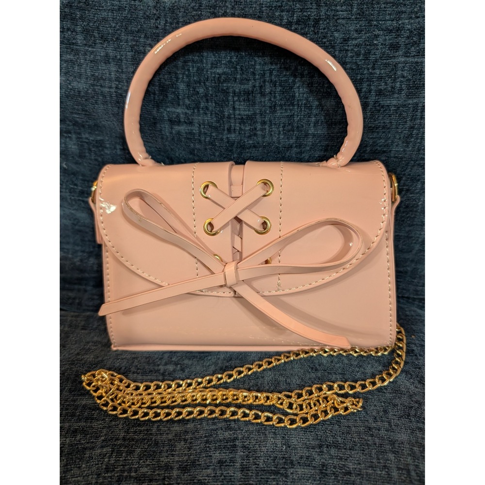 Pink Patent Faux Leather Mini Lace Up Bow Top Handle Crossbody‎ Bag Gold Chain
